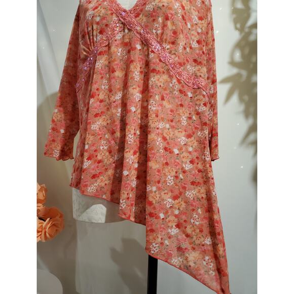 Vtg Y2K Self Esteem Womens Lace Trim Sequin Asymmetrical Babydoll Top 2X Fairy - Picture 6 of 10